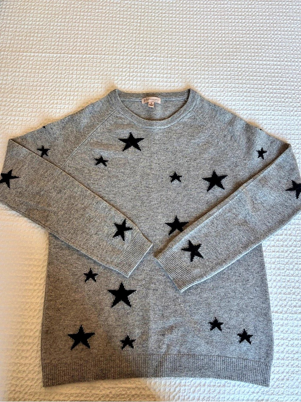 Philosophy Cashmere Autumn Star Print Sweater in Gray & Black Size Small